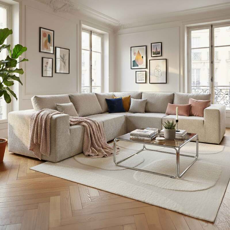 Canapé modulable d'angle 5 places en tissu avec coussins