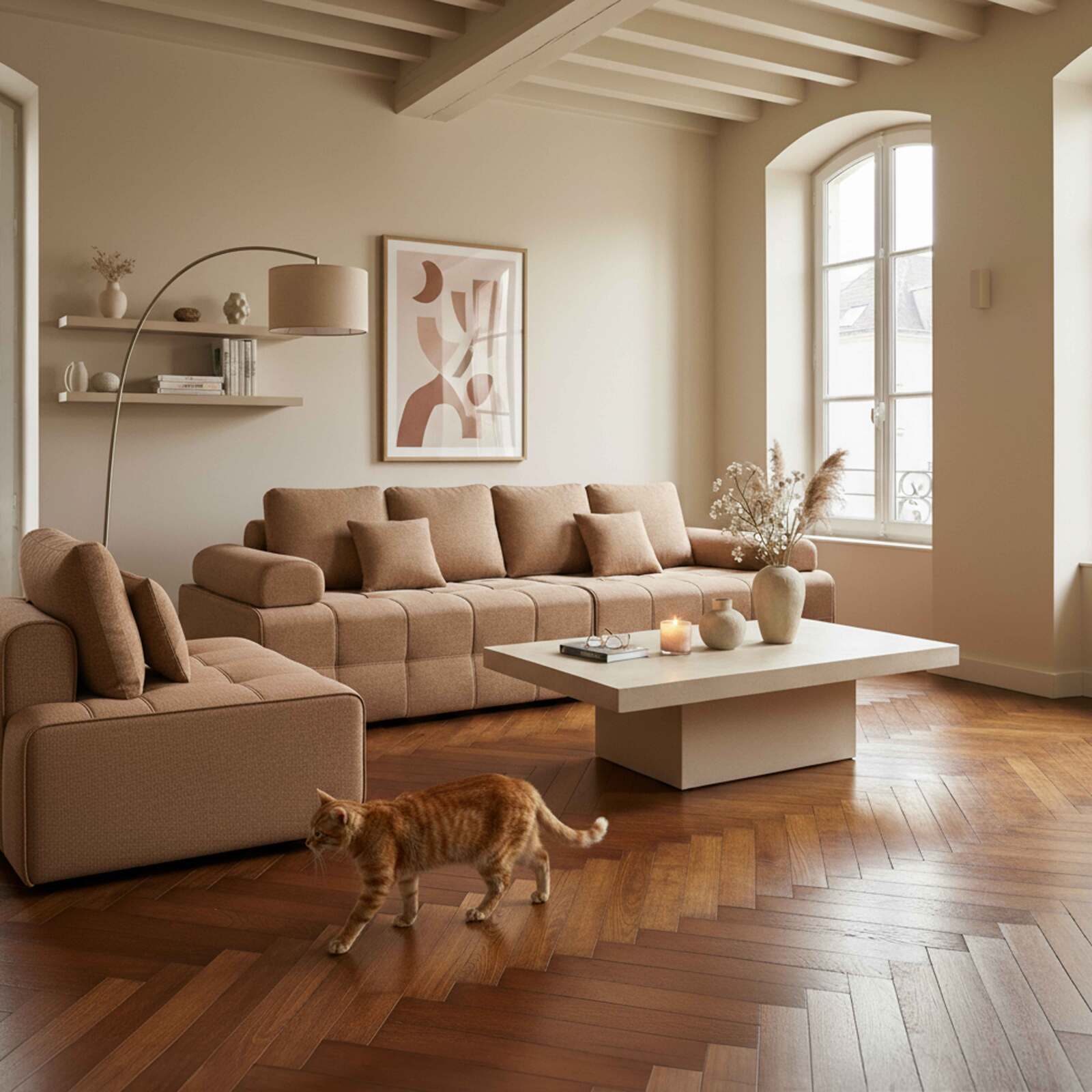 Canapé modulable 5 places en tissu avec coussins