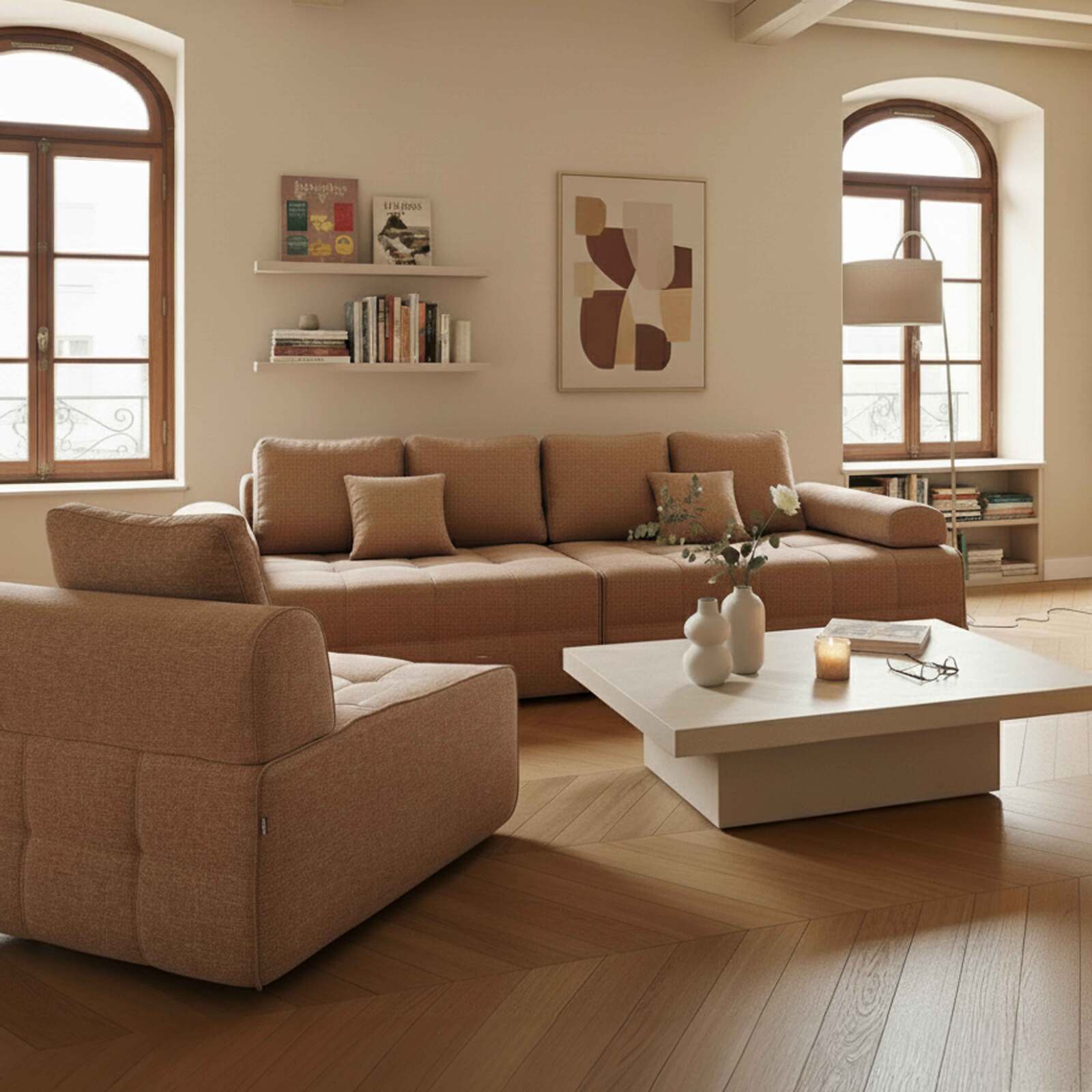 Canapé modulable 5 places en tissu avec coussins