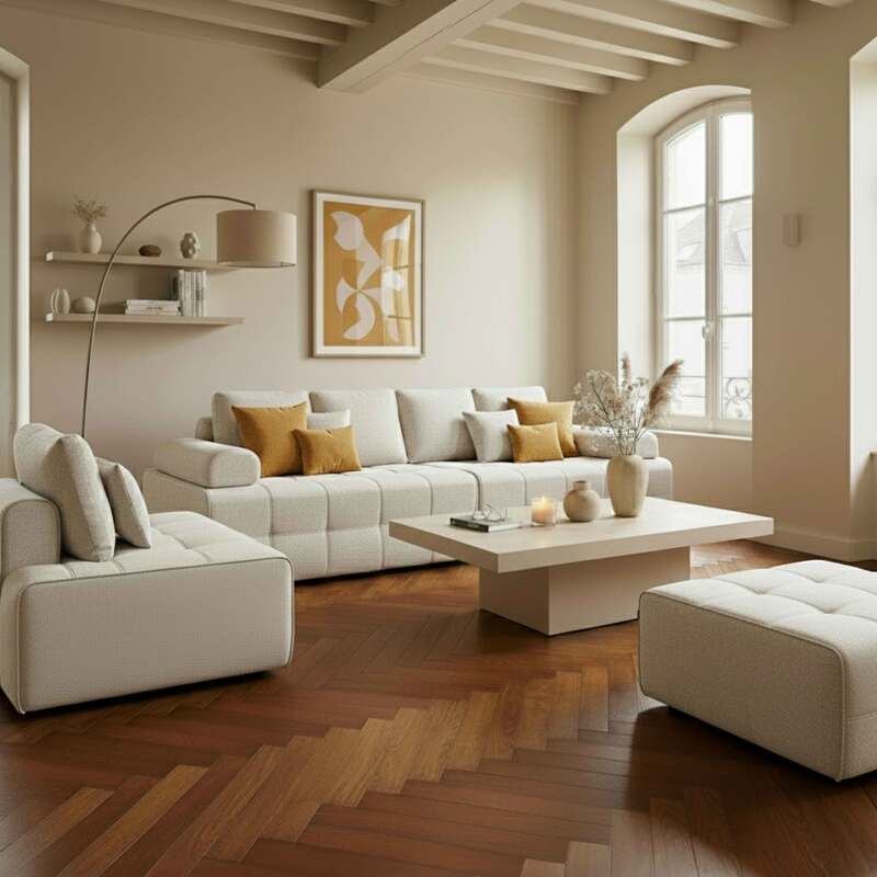 Canapé modulable 5 places en tissu avec pouf et coussins