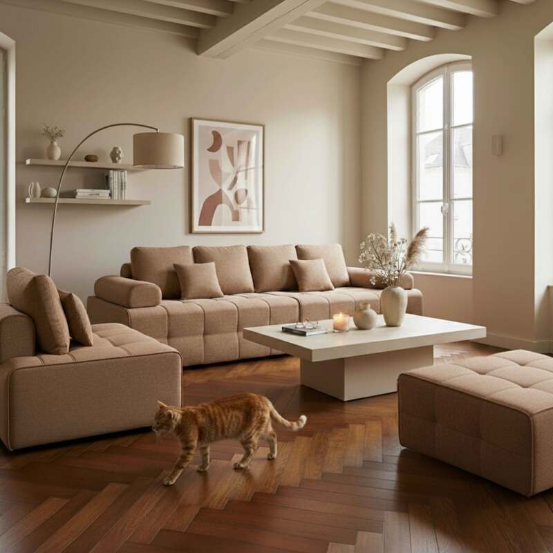 Canapé modulable 5 places en tissu avec pouf et coussins