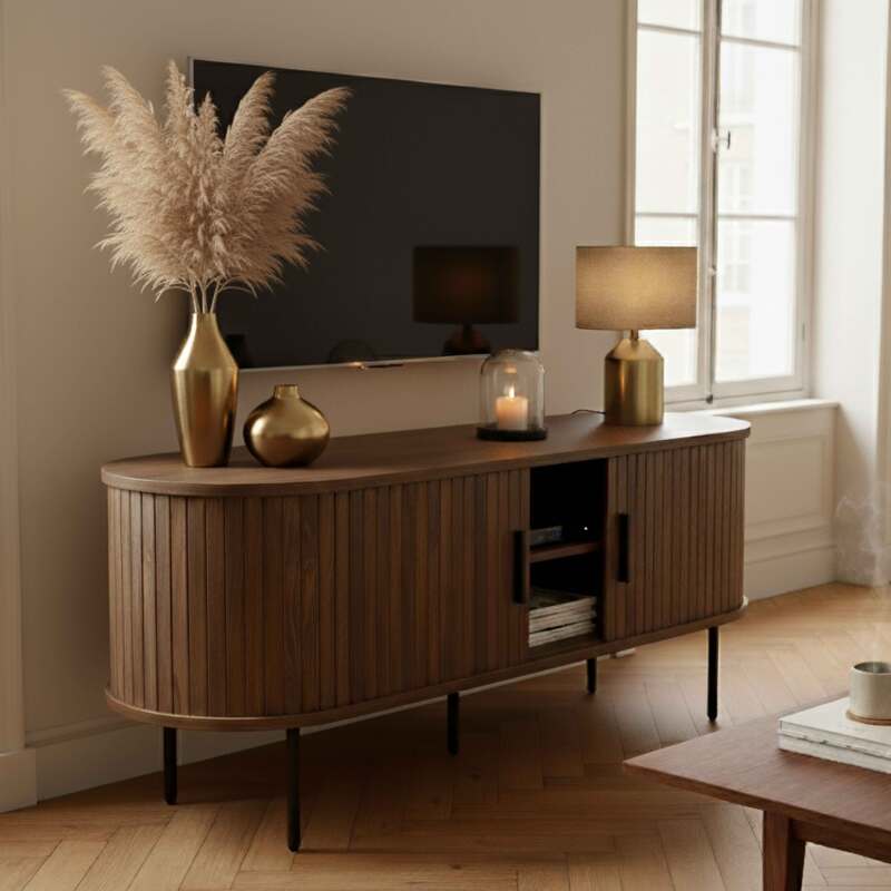 Meuble TV effet bois et métal 120 cm style bohème