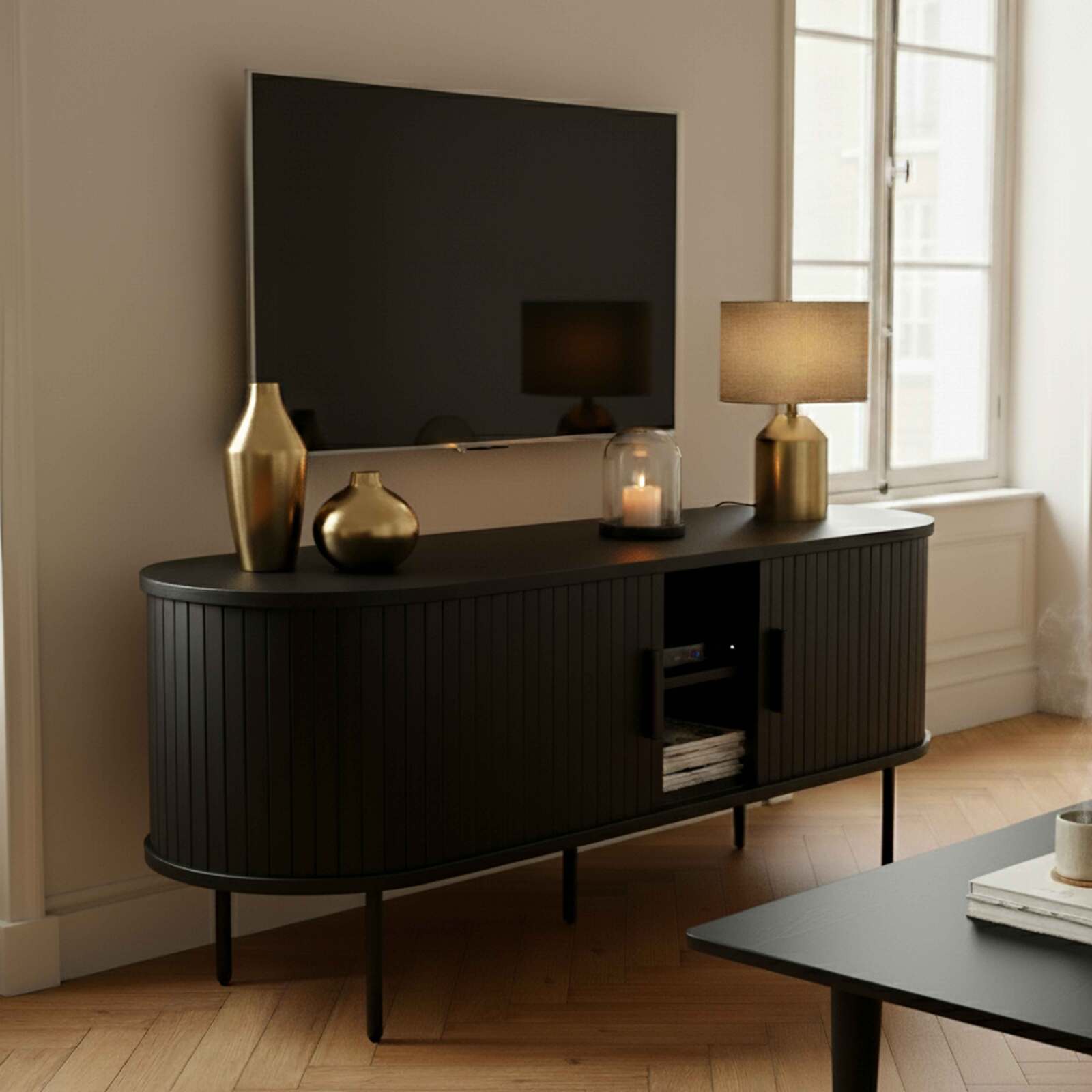 Meuble TV effet bois et métal 120 cm style bohème