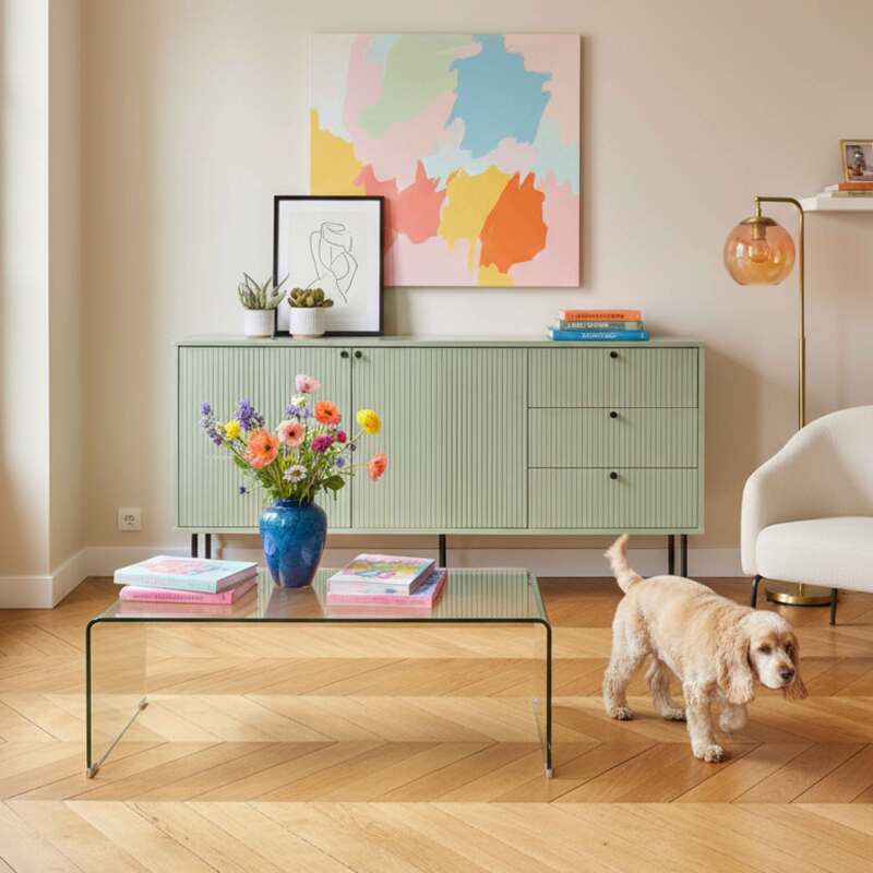 Buffet uni 2 portes 3 tiroirs effet lattes 150 cm