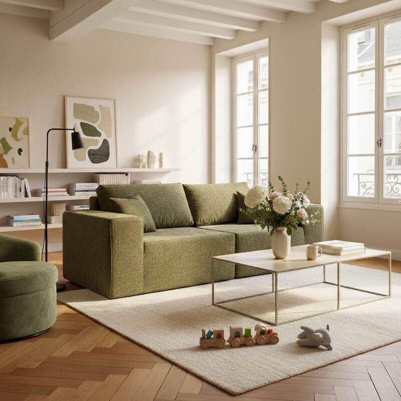 Canapé modulable 2 places en tissu avec coussins