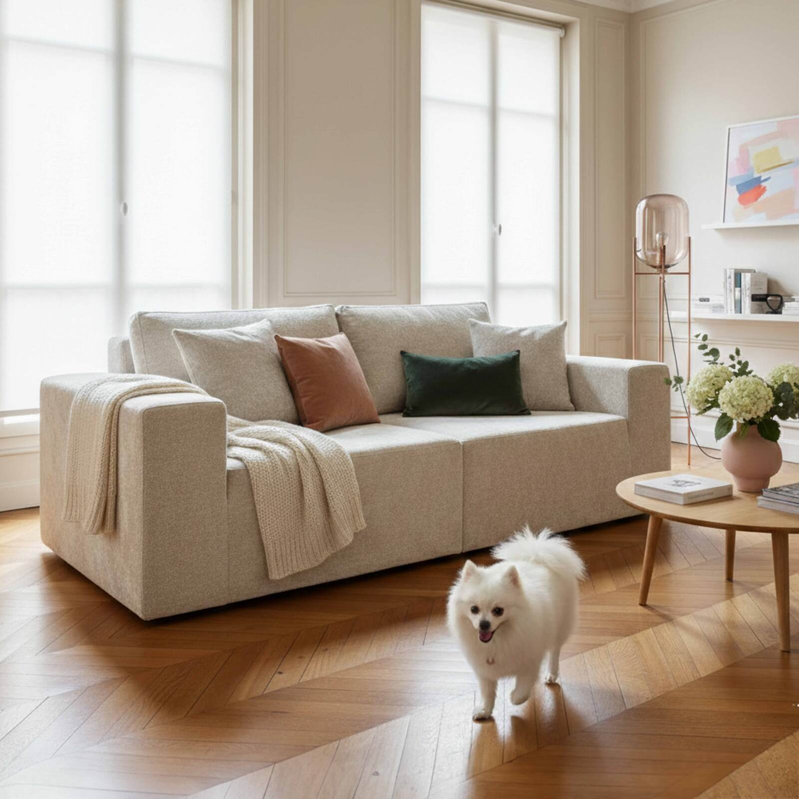 Canapé modulable 2 places en tissu avec coussins