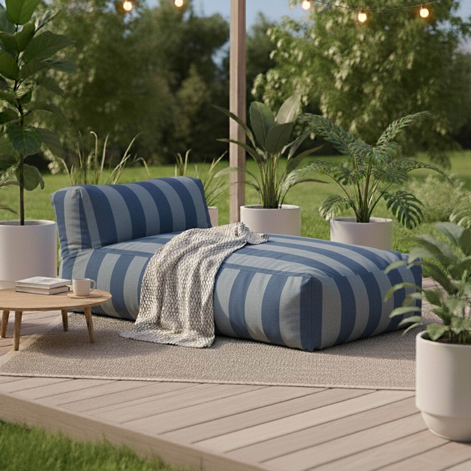 Salon de jardin modulable rayé 5 places avec 2 chauffeuses, 1 fauteuil d'angle, 1 méridienne et 1 pouf