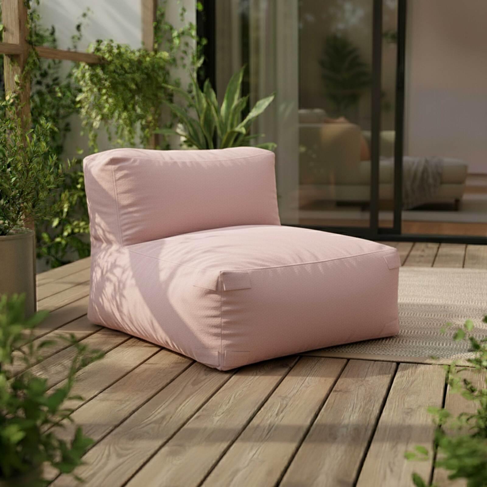 Salon de jardin modulable rayé 5 places avec 2 chauffeuses, 1 fauteuil d'angle, 1 méridienne et 1 pouf