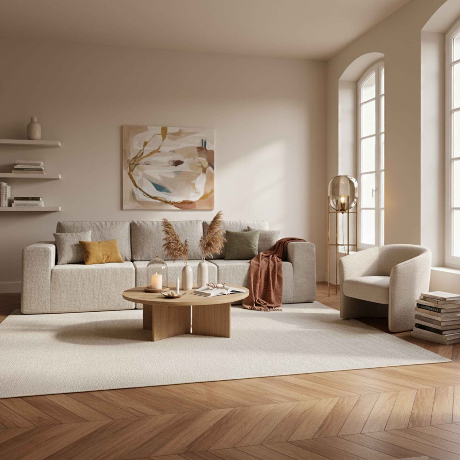 Canapé modulable 3 places en tissu avec coussins