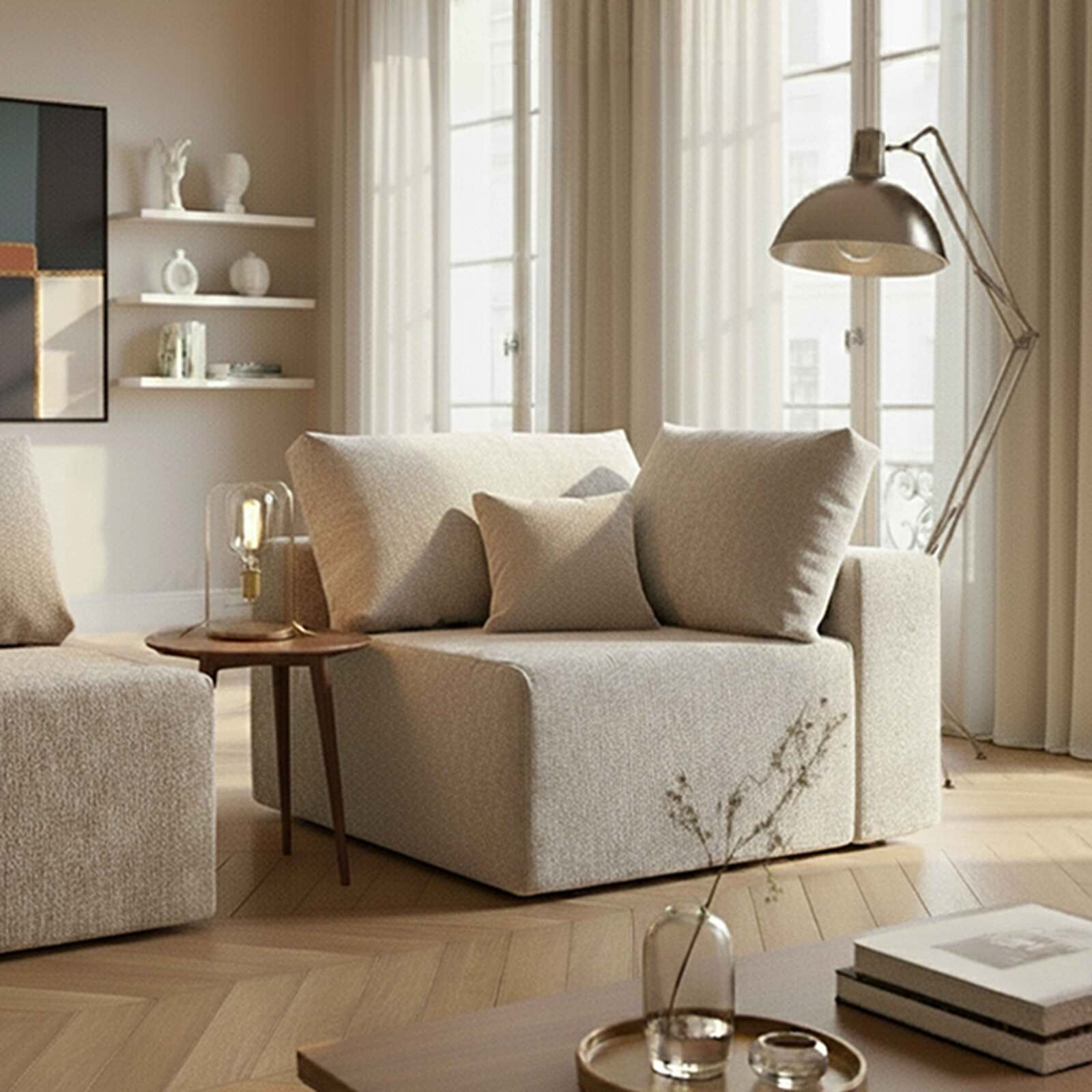 Fauteuil d'angle pour canapé modulable en tissu avec 2 coussins de dossier