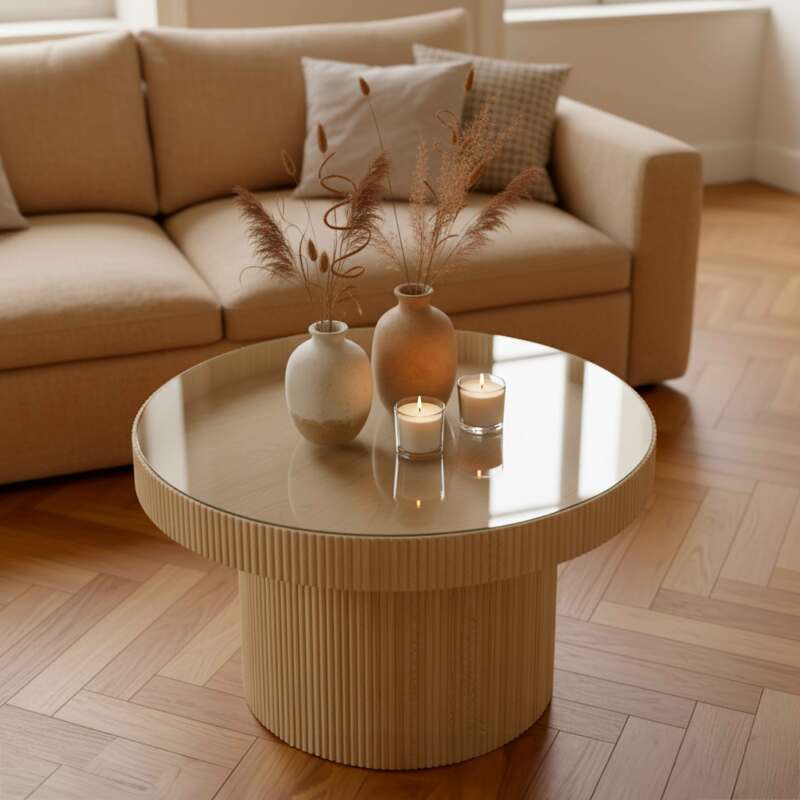 Table basse en bois et verre trempé ronde Ø59 cm style scandinave