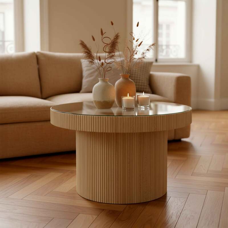 Table basse en bois et verre trempé ronde Ø59 cm style scandinave