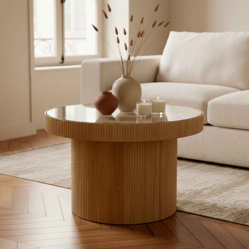 Table basse en bois et verre trempé ronde Ø59 cm style scandinave