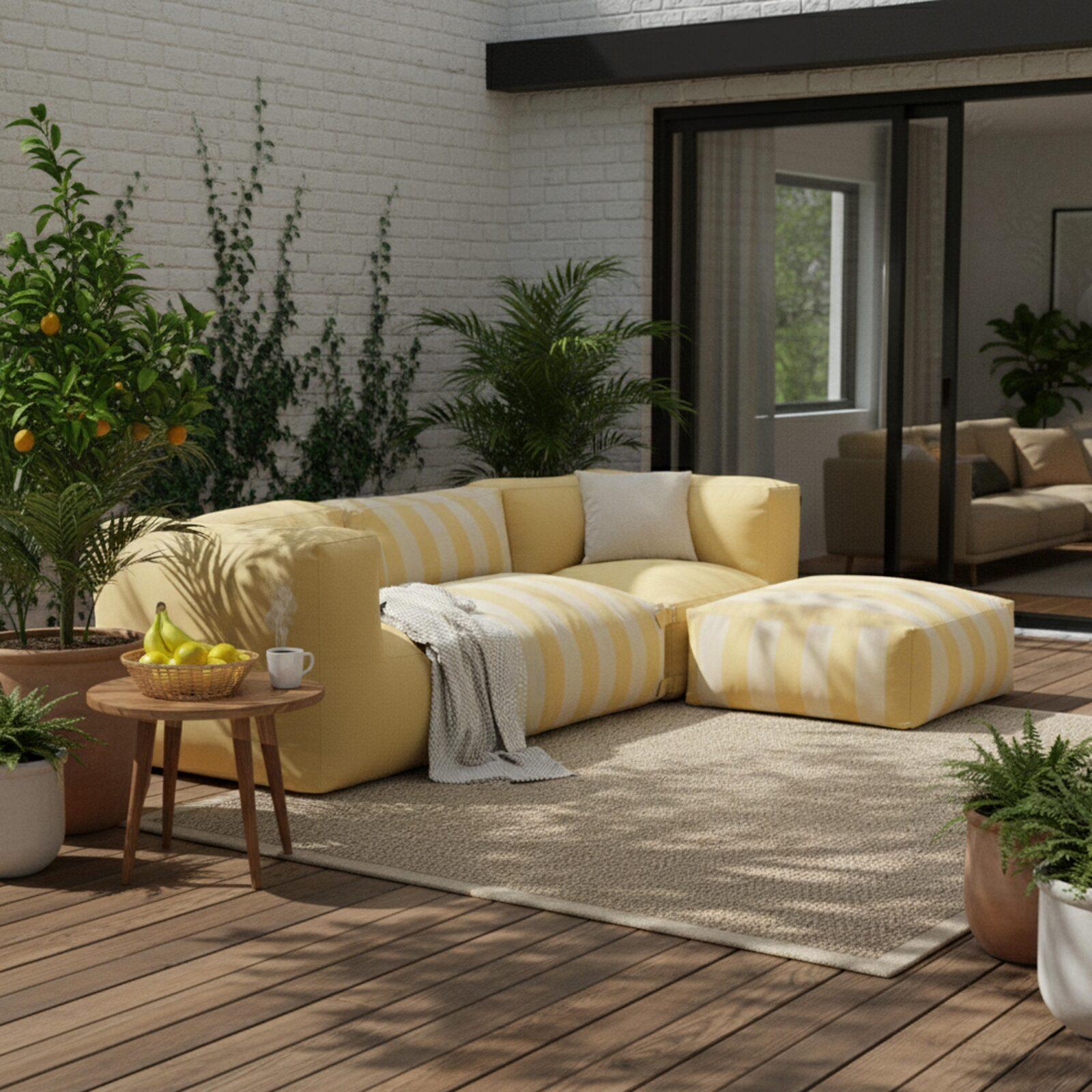 Salon de jardin modulable rayé 4 places avec 1 chauffeuse, 2 fauteuils d'angle et 1 pouf Salon de jardin modulable rayé 4 places avec 1 chauffeuse, 2 fauteuils d'angle et 1 pouf
