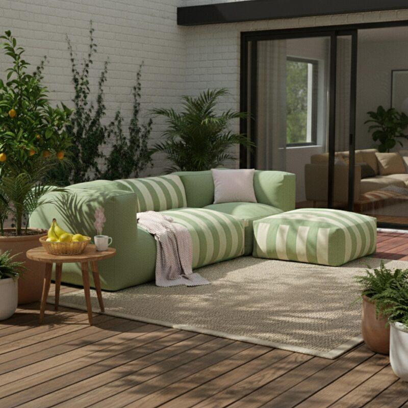 Salon de jardin modulable rayé 4 places avec 1 chauffeuse, 2 fauteuils d'angle et 1 pouf