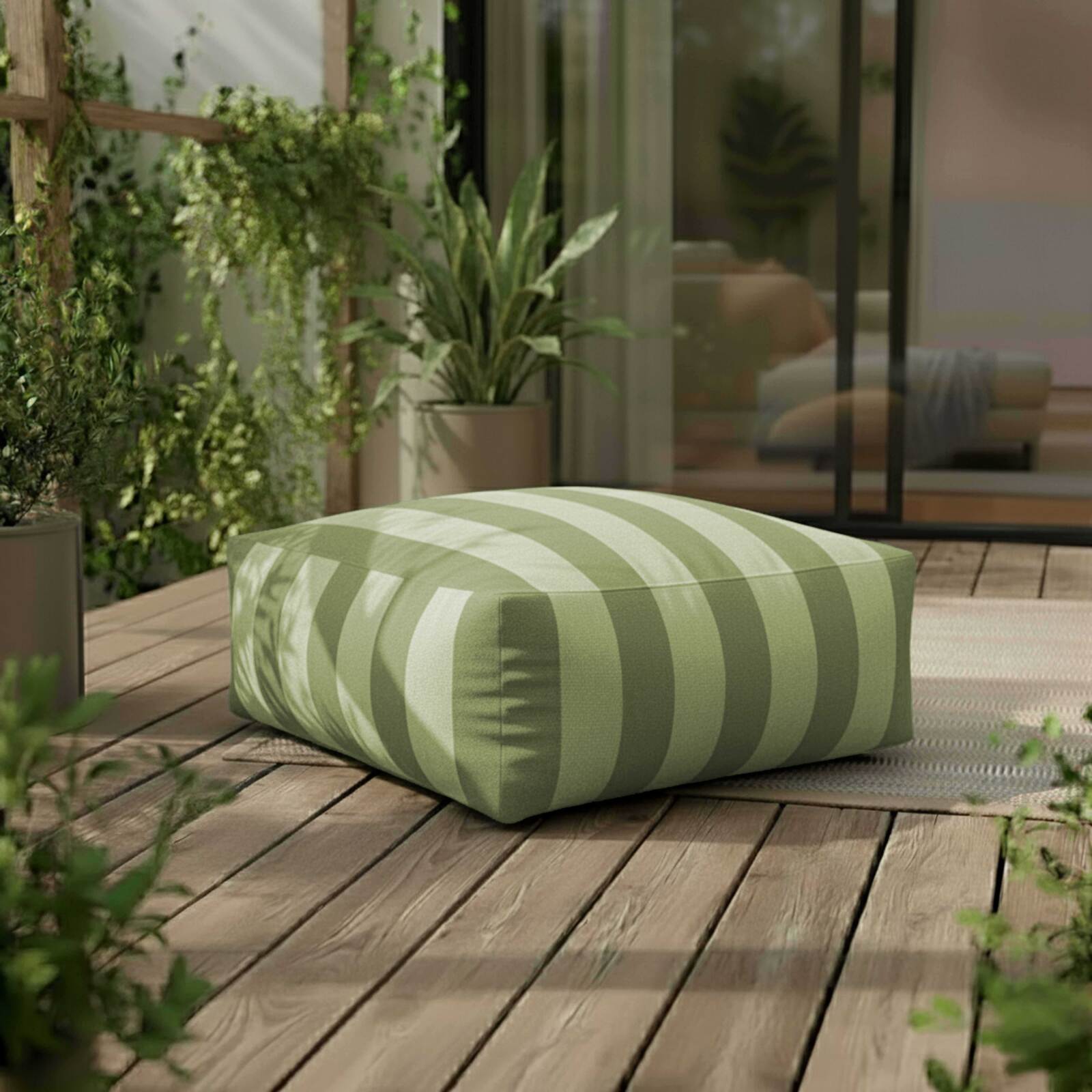 Salon de jardin modulable rayé 4 places avec 1 chauffeuse, 2 fauteuils d'angle et 1 pouf Salon de jardin modulable rayé 4 places avec 1 chauffeuse, 2 fauteuils d'angle et 1 pouf