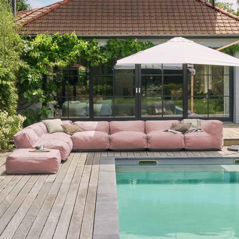 Salon de jardin modulable 8 places avec 5 chauffeuses, 2 fauteuils d'angle et 1 pouf