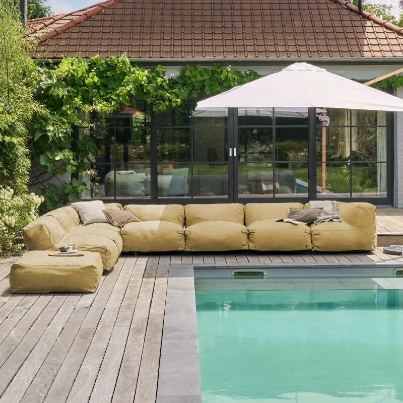 Salon de jardin modulable 8 places avec 5 chauffeuses, 2 fauteuils d'angle et 1 pouf