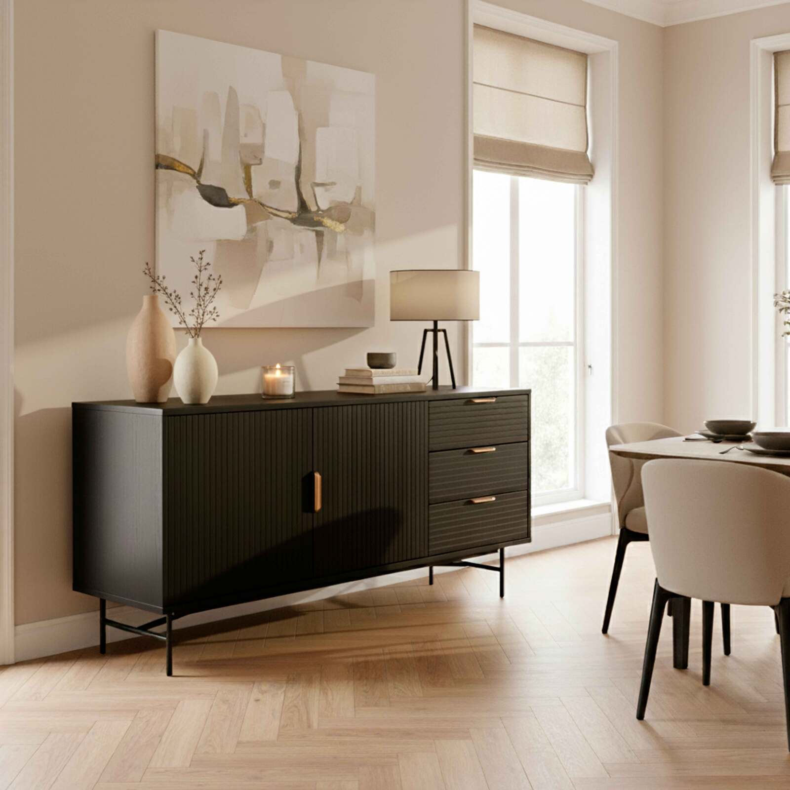 Buffet effet bois 2 portes 3 tiroirs 160 cm style bohème