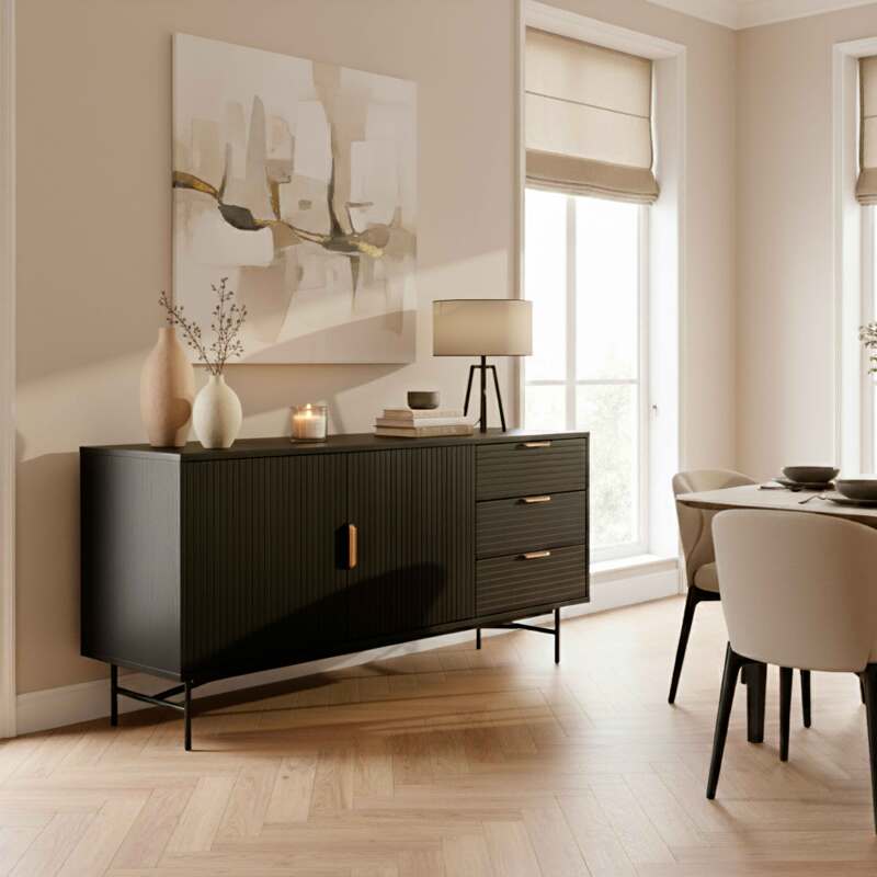 Buffet effet bois 2 portes 3 tiroirs 160 cm style bohème