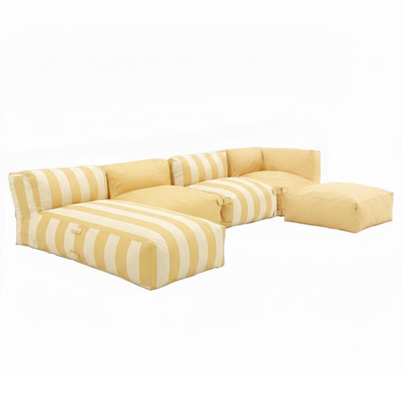 Salon de jardin modulable rayé 5 places avec 2 chauffeuses, 1 fauteuil d'angle, 1 méridienne et 1 pouf