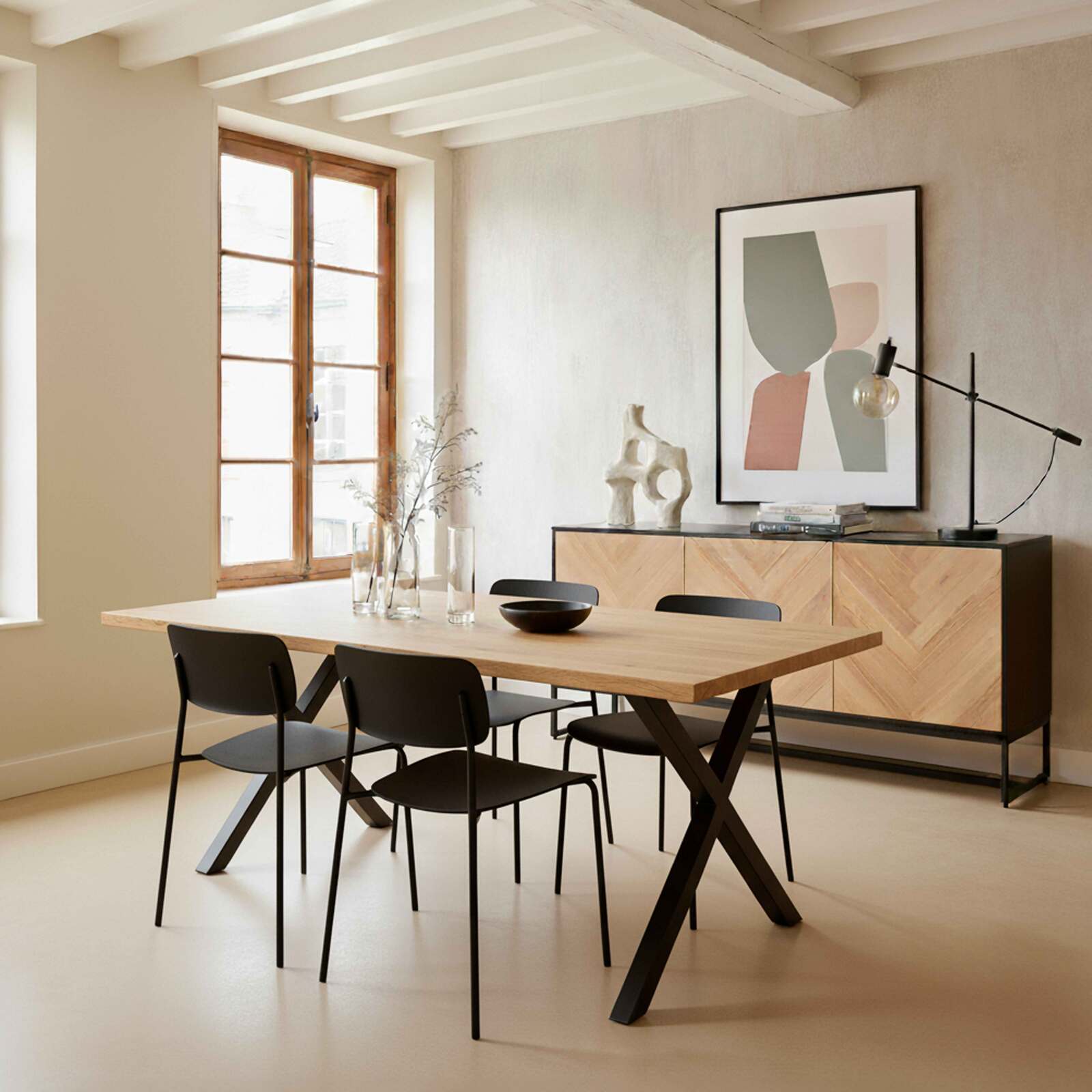 Buffet noir et bois décor chêne FSC® 3 portes 160 cm style bohème