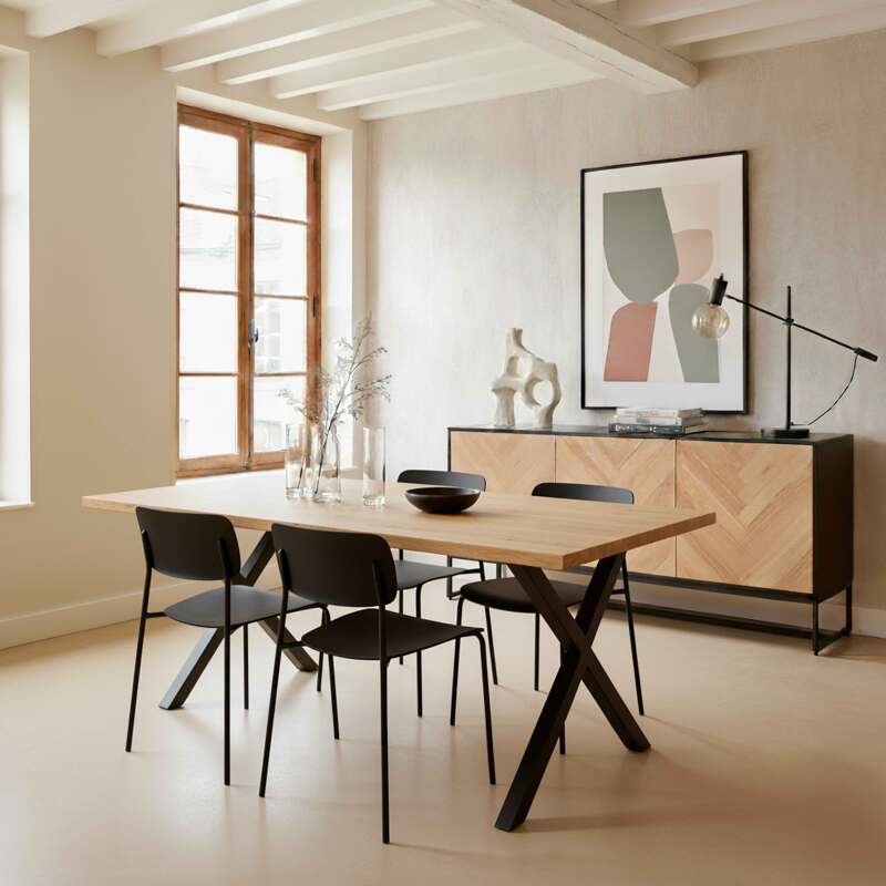 Buffet noir et bois décor chêne FSC® 3 portes 160 cm style bohème