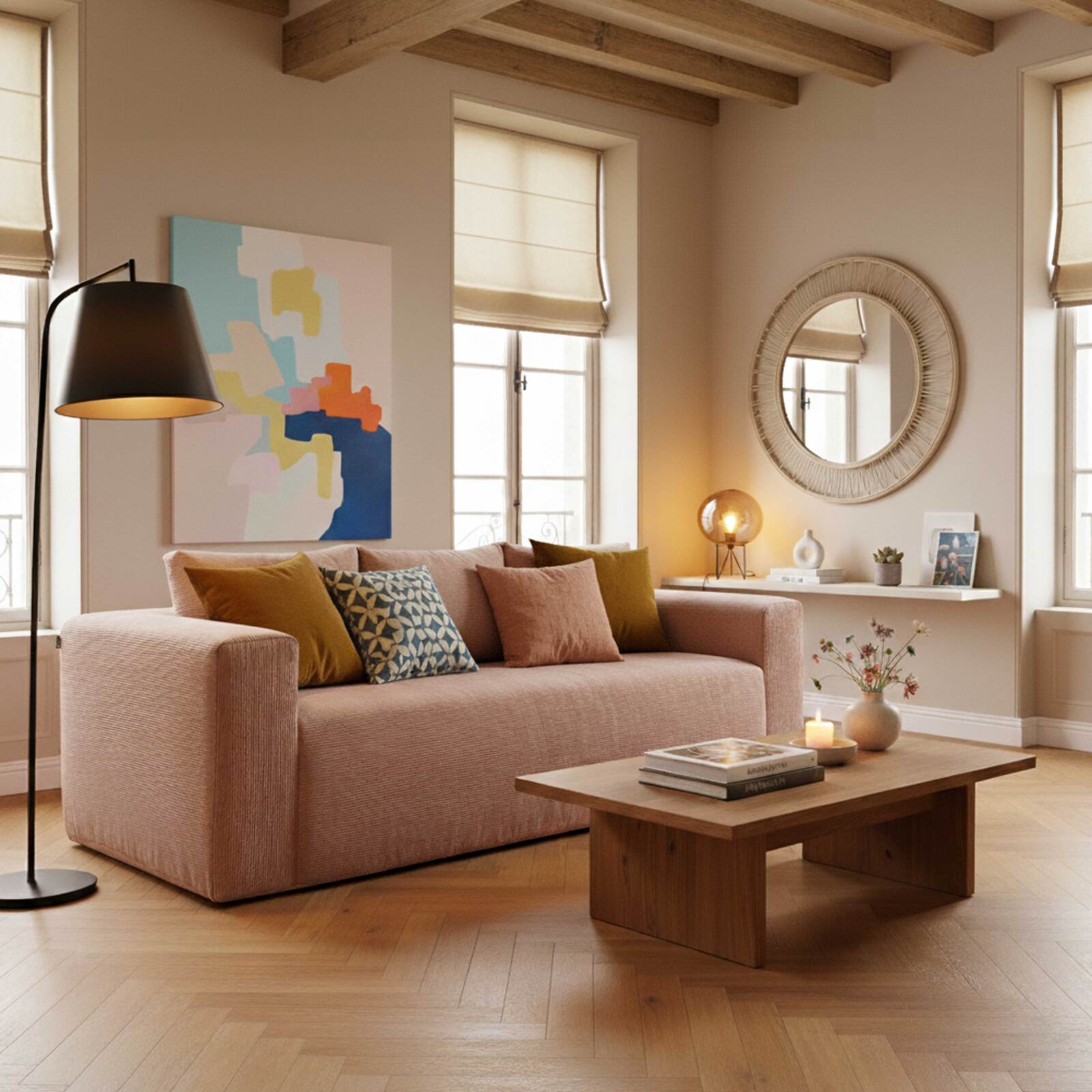 Canapé 3 places en tissu côtelé avec coussins