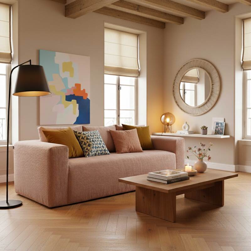 Canapé 3 places en tissu côtelé avec coussins