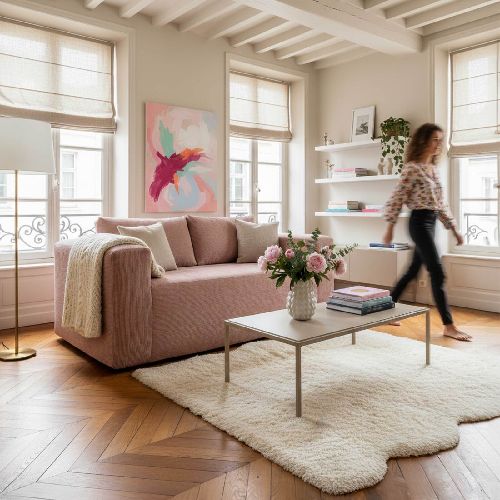 Canapé 2 places en tissu côtelé avec coussins