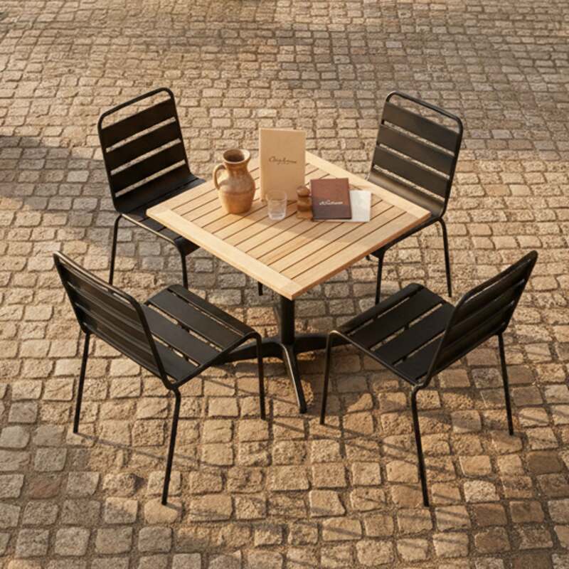 Table de jardin bistrot carrée en bois 70x70 cm et 4 chaises en métal