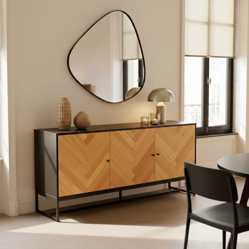 Buffet noir et bois décor chêne FSC® 3 portes 160 cm style bohème