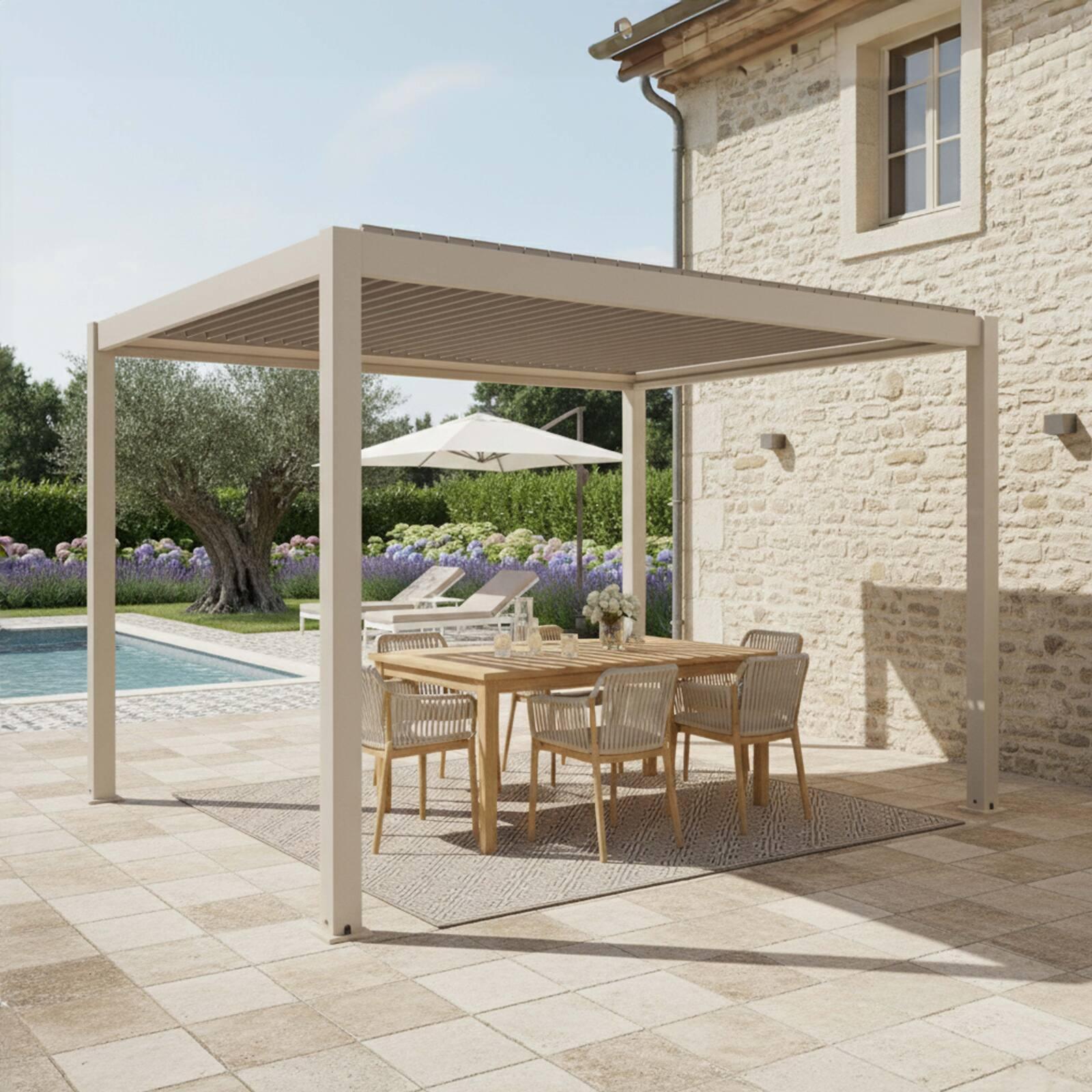 Pergola bioclimatique 4x3 m autoportée manuelle en aluminium crème