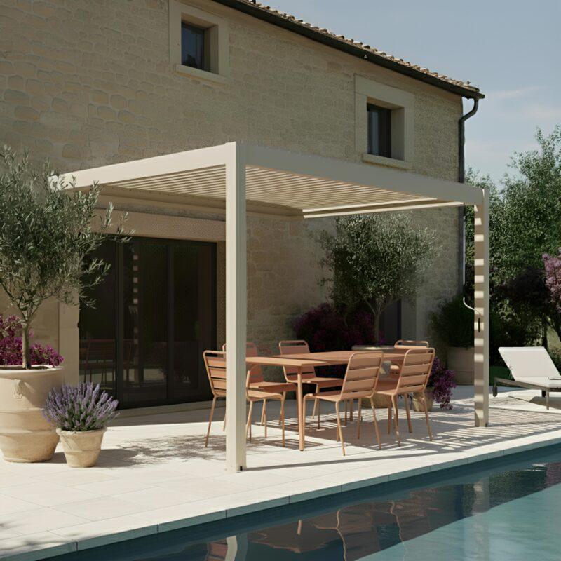 Pergola bioclimatique 4x3 m adossée manuelle en aluminium crème 
