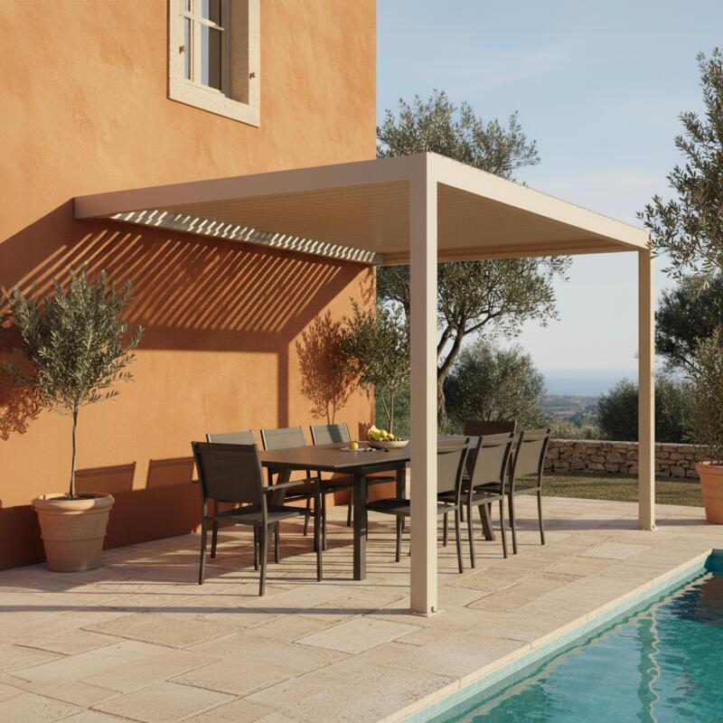 Pergola bioclimatique 4x3 m adossée manuelle en aluminium crème 