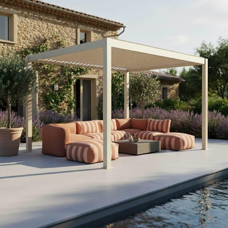 Pergola bioclimatique 4x3 m autoportée motorisée en aluminium crème avec éclairage LED 