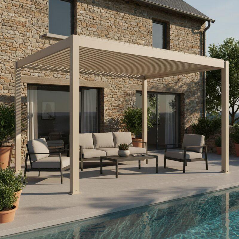 Pergola bioclimatique 4x3 m autoportée motorisée en aluminium crème avec éclairage LED 