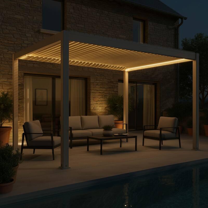 Pergola bioclimatique 4x3 m autoportée motorisée en aluminium crème avec éclairage LED 