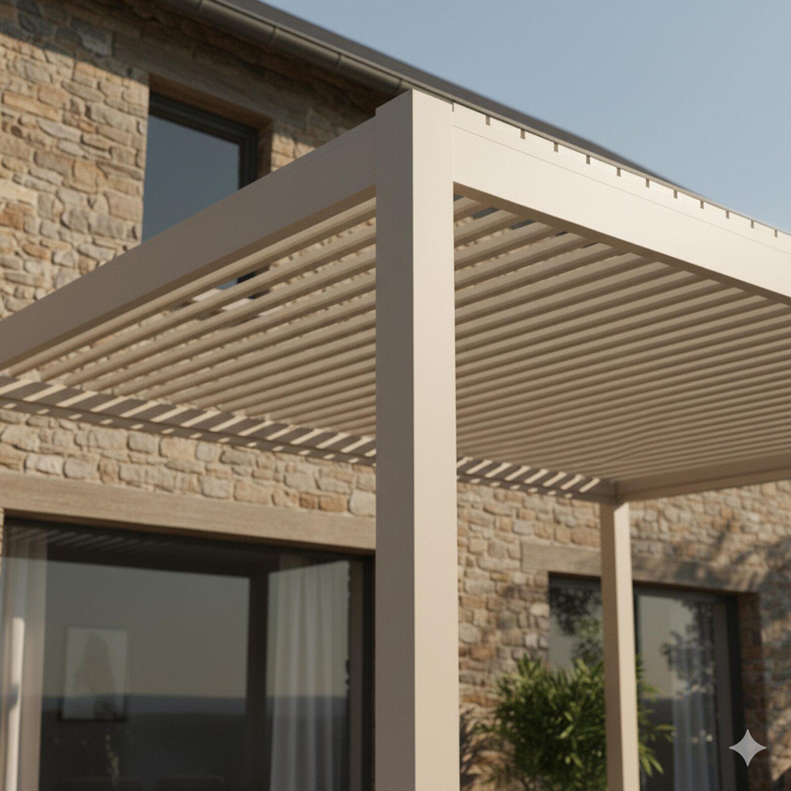 Pergola bioclimatique 4x3 m autoportée motorisée en aluminium crème avec éclairage LED et avec store