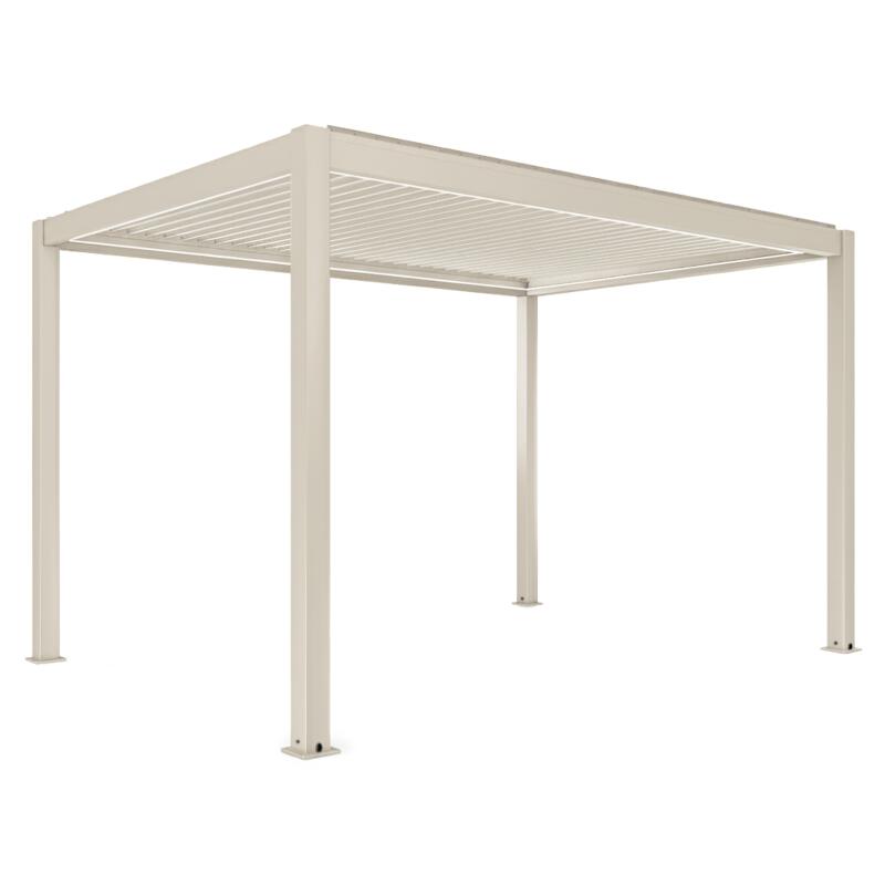Pergola bioclimatique 4x3 m autoportée motorisée en aluminium crème avec éclairage LED et avec store