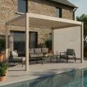 Pergola bioclimatique 4x3 m autoportée motorisée en aluminium crème avec éclairage LED et avec store