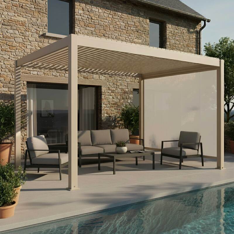 Pergola bioclimatique 4x3 m autoportée motorisée en aluminium crème avec éclairage LED et avec store