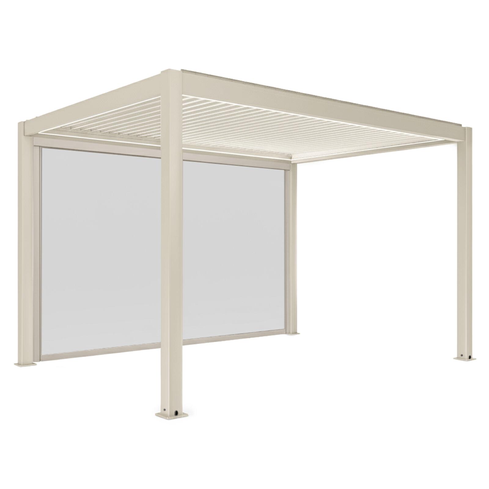 Pergola bioclimatique 4x3 m autoportée motorisée en aluminium crème avec éclairage LED et avec store