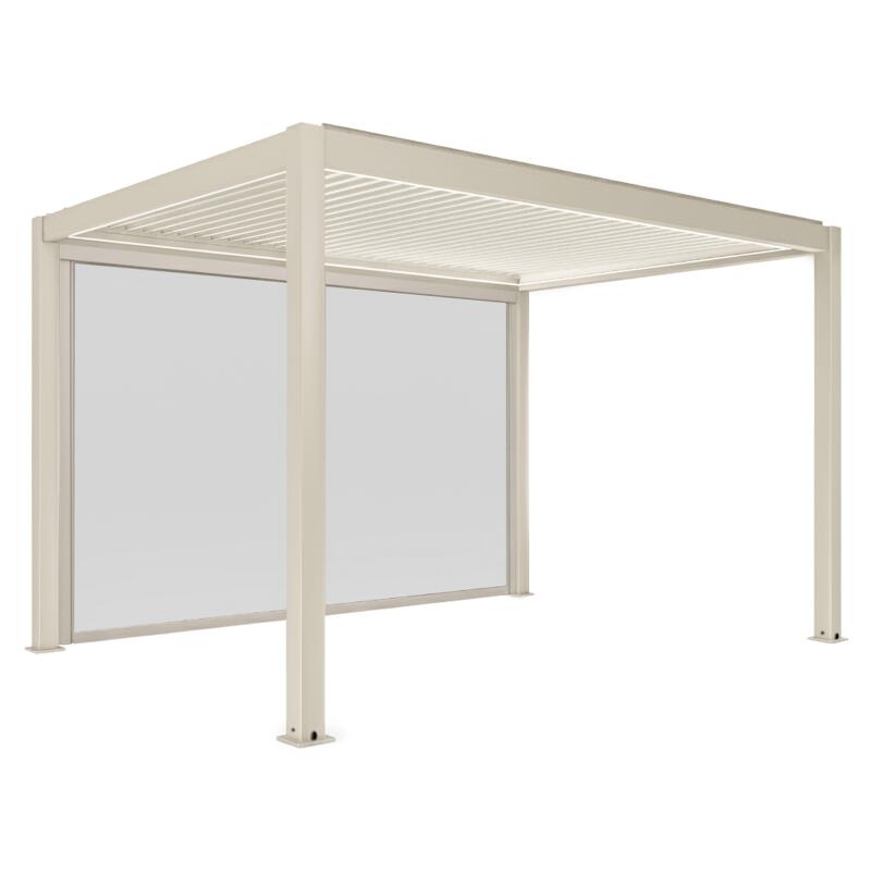 Pergola bioclimatique 4x3 m autoportée motorisée en aluminium crème avec éclairage LED et avec store