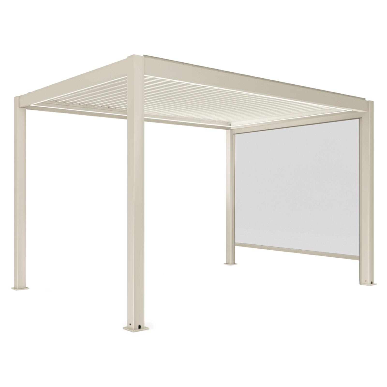 Pergola bioclimatique 4x3 m autoportée motorisée en aluminium crème avec éclairage LED et avec store