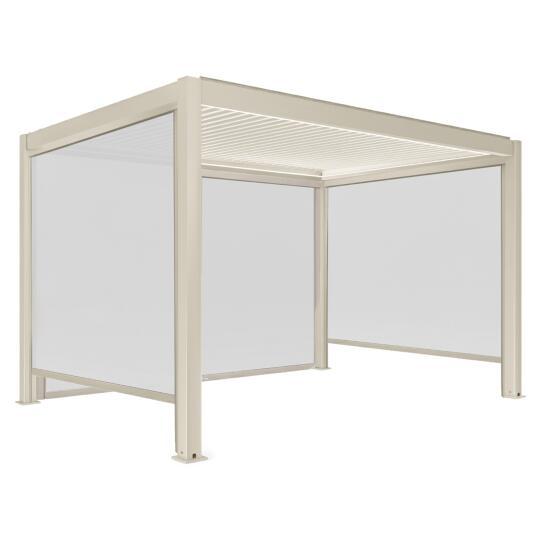 Pergola bioclimatique 4x3 m autoportée motorisée en aluminium crème avec éclairage LED et avec store