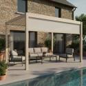 Pergola bioclimatique 4x3 m autoportée motorisée en aluminium crème avec éclairage LED et avec store