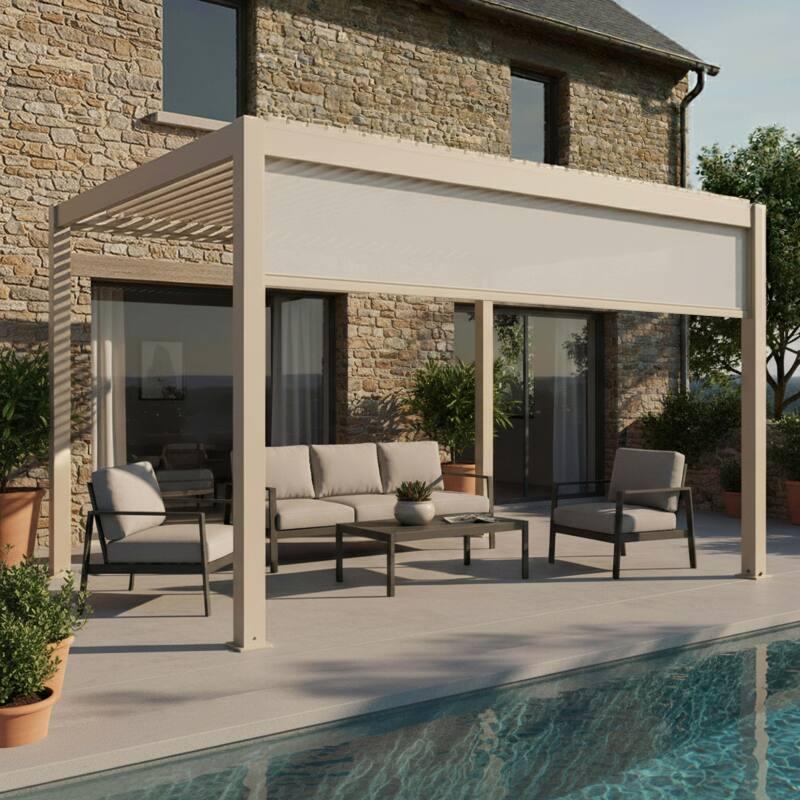Pergola bioclimatique 4x3 m autoportée motorisée en aluminium crème avec éclairage LED et avec store