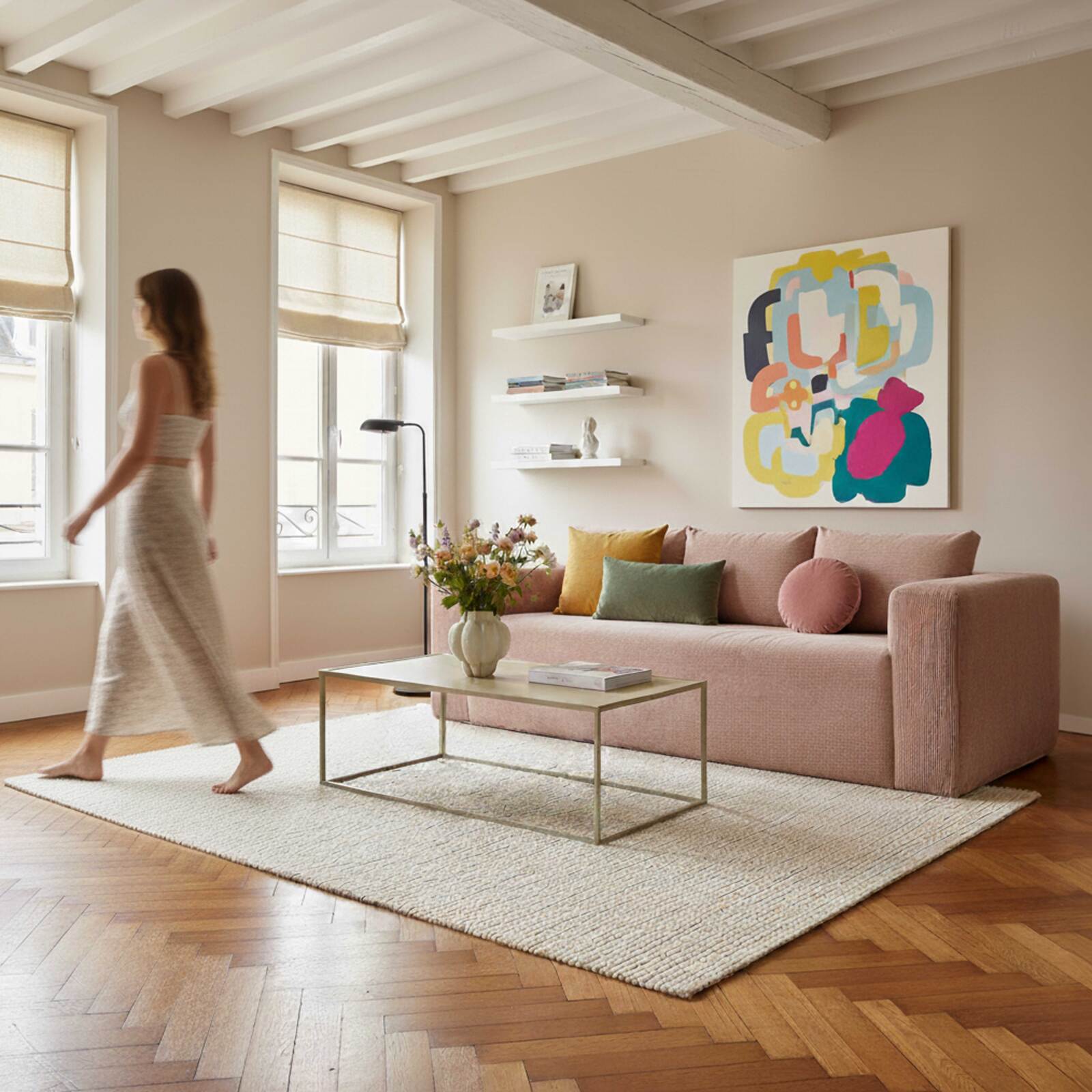 Canapé 3 places en tissu côtelé avec coussins