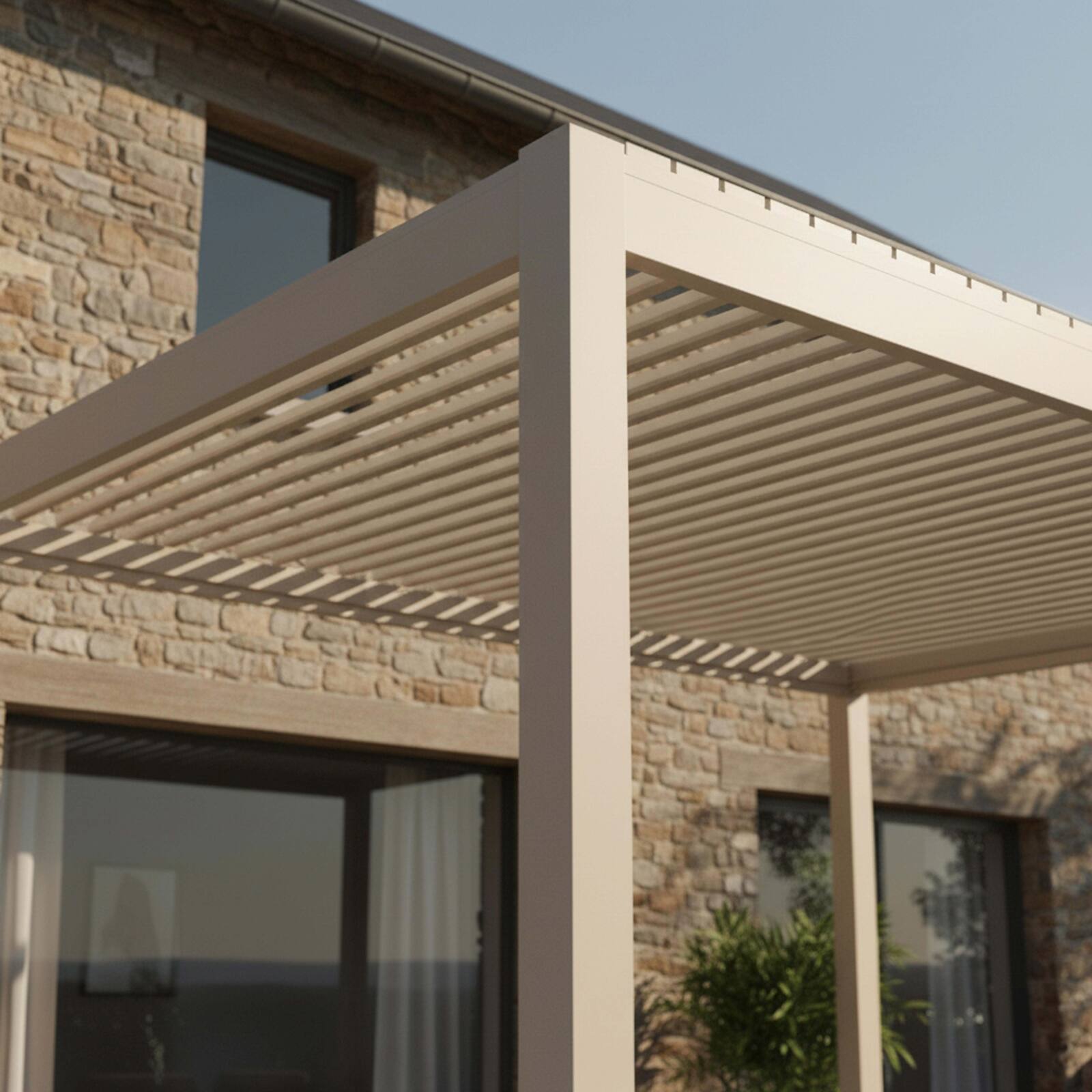 Pergola bioclimatique 4x3 m autoportée motorisée en aluminium crème avec éclairage LED 